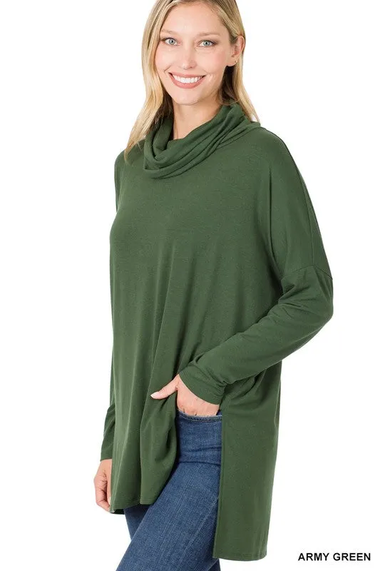 COWL NECK LONG SLEEVE HI-LOW TOP | ZENANA - Final Sale