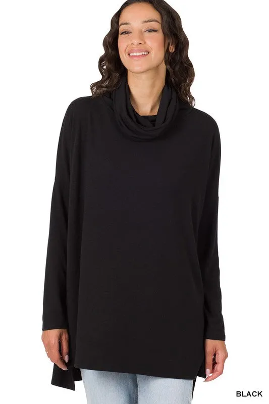 COWL NECK LONG SLEEVE HI-LOW TOP | ZENANA - Final Sale