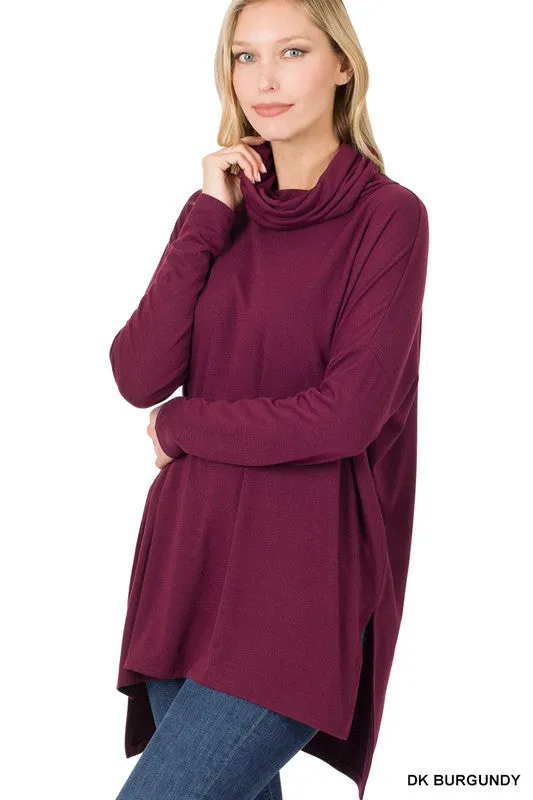COWL NECK LONG SLEEVE HI-LOW TOP | ZENANA - Final Sale