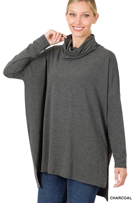 COWL NECK LONG SLEEVE HI-LOW TOP | ZENANA - Final Sale