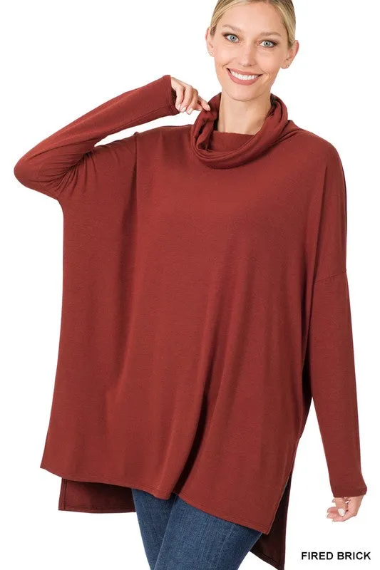 COWL NECK LONG SLEEVE HI-LOW TOP | ZENANA - Final Sale