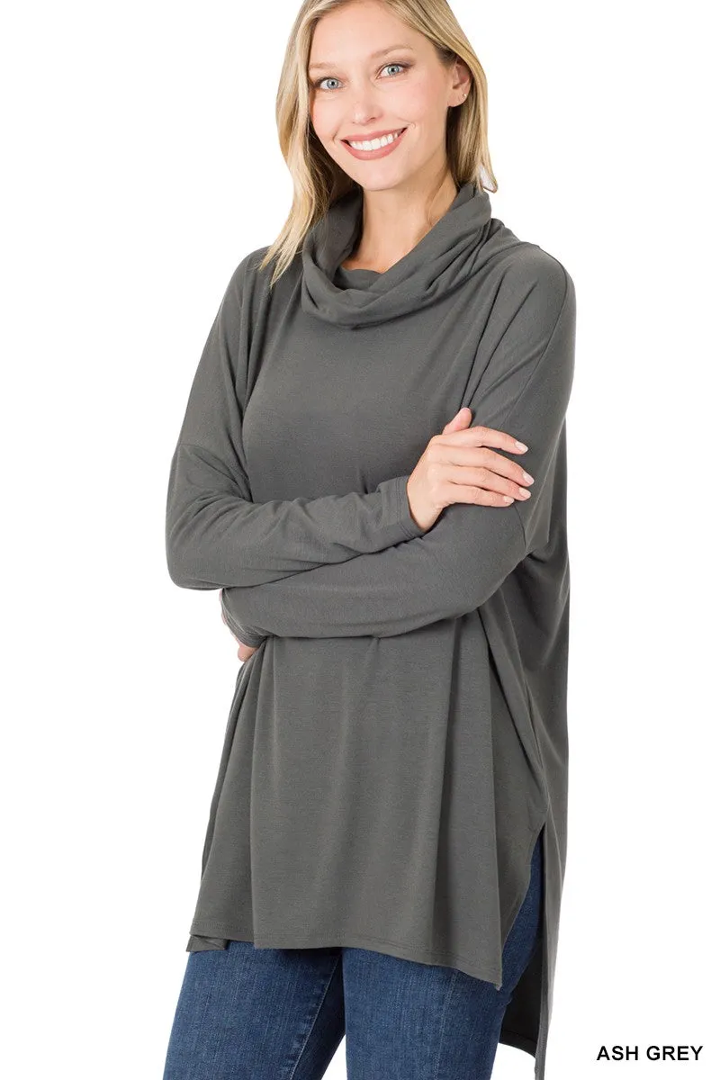 COWL NECK LONG SLEEVE HI-LOW TOP | ZENANA - Final Sale
